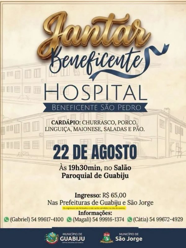 Jantar Beneficente em prol do Hospital São Pedro, de Guabiju